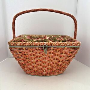Penneys Woven Sewing Basket Wood Mid Century MCM Chenille Top Vintage Quilting